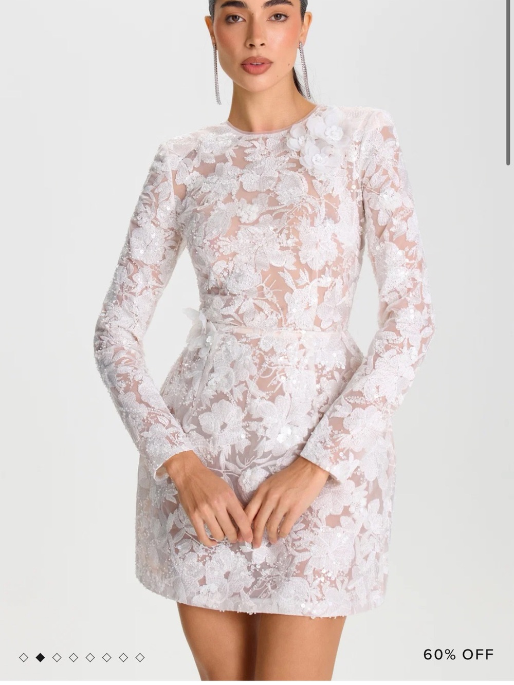 Nadine Merabi White Lace Floral Long-Sleeve Dress
